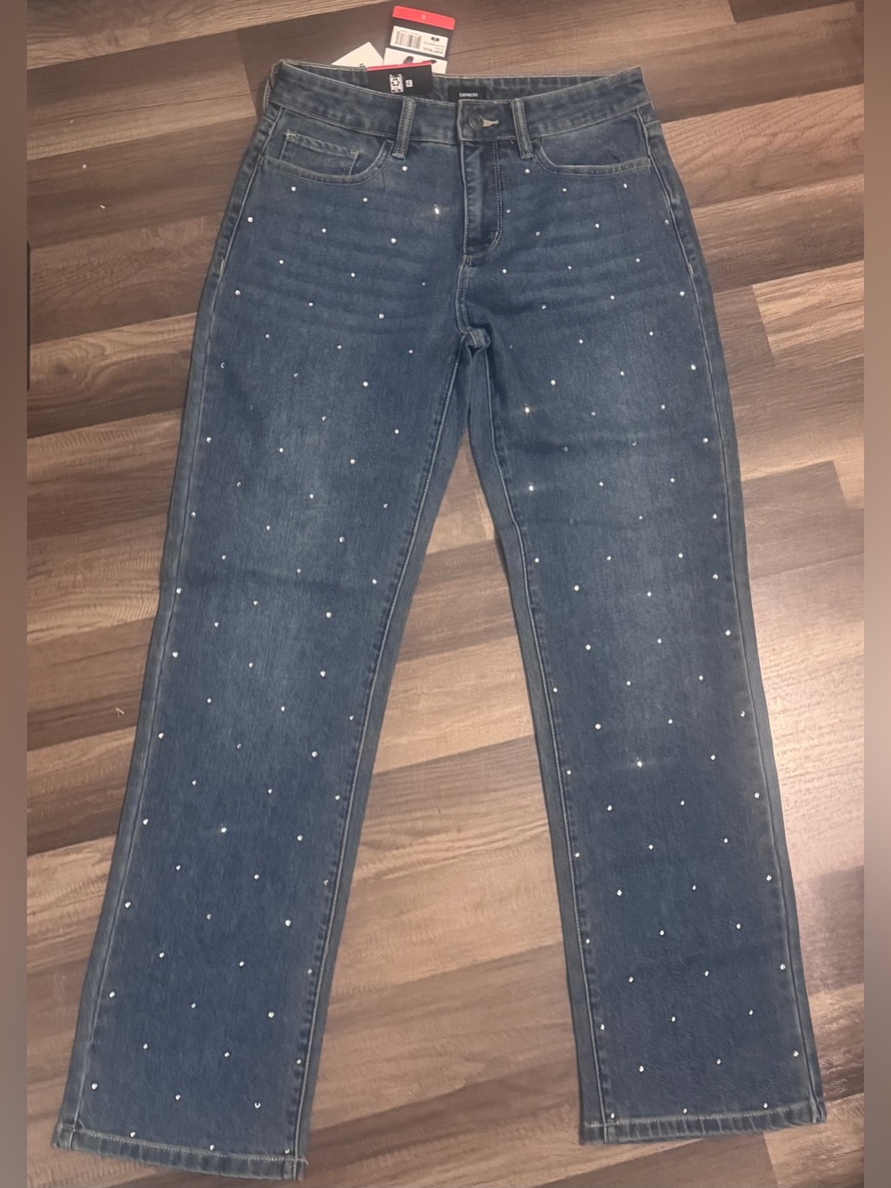Express women’s Light Blue Straight Embellished Jean.